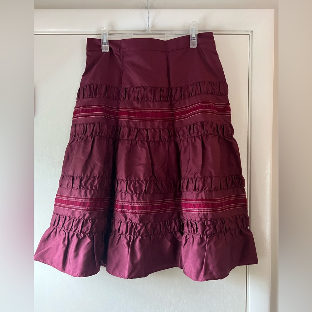 Dué Per Dué Bloomingdale’s Burgundy Magenta Silk Velvet Trim Tiered Skirt 12P